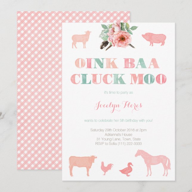 Invitation Fête D'Anniversaire Agricole Pour Fille, Oink Baa  (Devant / Derrière)