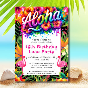 Invitation Fête d'anniversaire Aloha Tropical Flamingo Luau