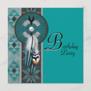 Invitation Fête d'anniversaire amérindienne Turquoise Bleu