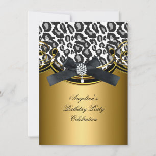 Invitation Fête d'anniversaire animal sauvage noir blanc or