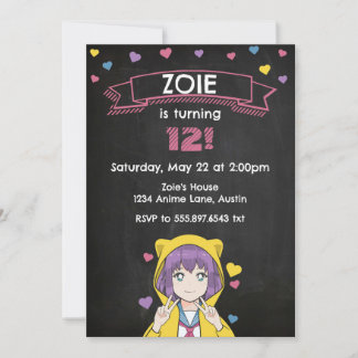 Invitation Fête d'anniversaire Anime Fille Paix Cœurs