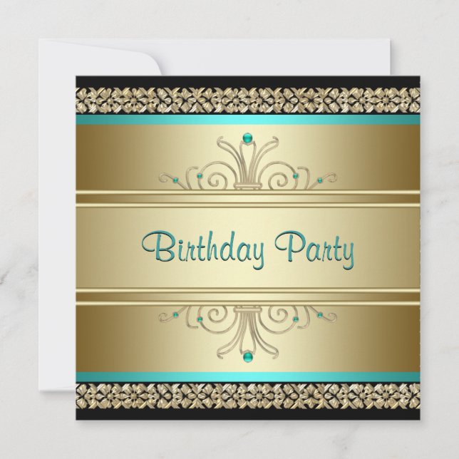 Invitation Fête d'anniversaire Aqua sarcelle bleue et or (Devant)