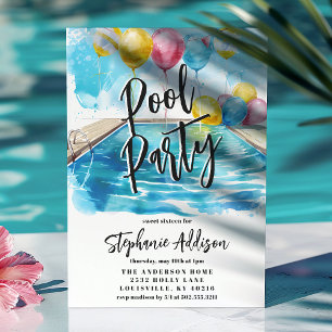 Invitation Fête d'anniversaire aquarelle d'été à la piscine p