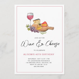 Invitation Fête d'anniversaire aquarelle Vin & Fromage