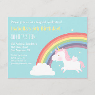 Invitation Fête d'anniversaire arc-en-ciel de licorne volante