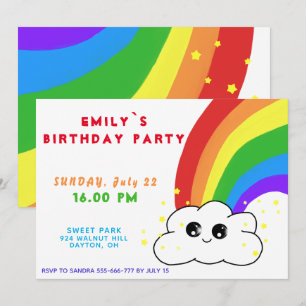 Invitation Fête d'anniversaire Arc-en-ciel Nuage Kawai