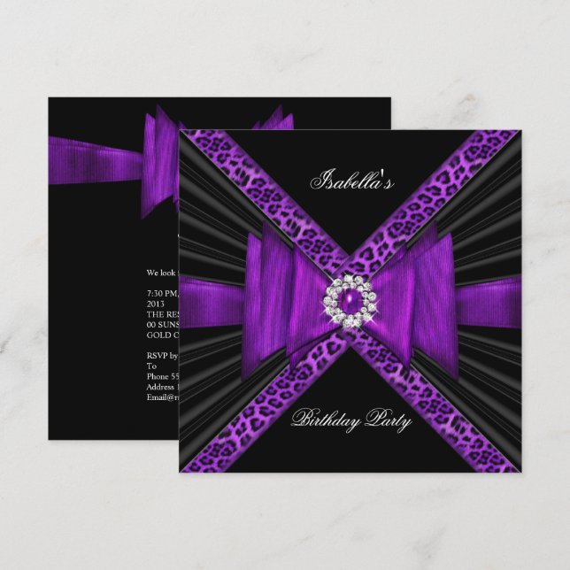Invitation Fête d'anniversaire arc-en-ciel violet léopard noi (Devant / Derrière)