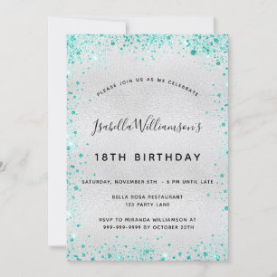 Invitation Fête d'anniversaire argent turquoise parties scint