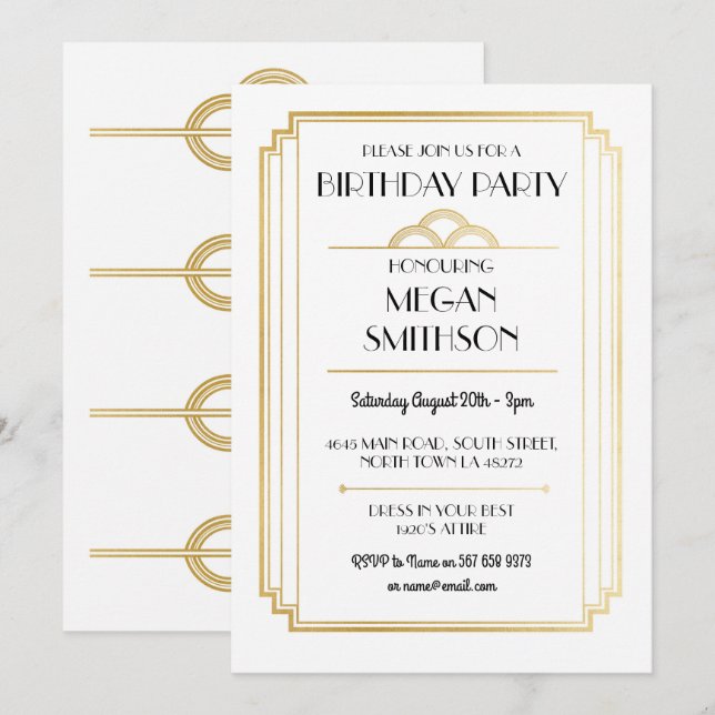 Invitation Fête d'anniversaire Art déco 1920 Gatsby Gold Invi (Devant / Derrière)