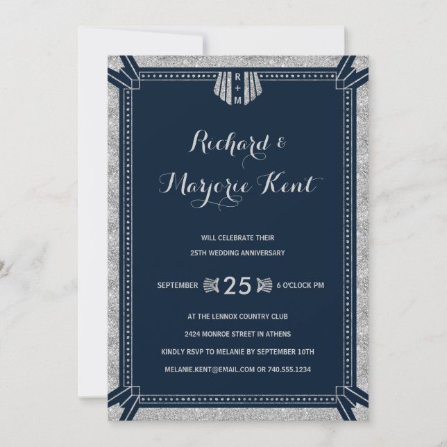 Invitation Fête d'anniversaire Art déco argent et bleu marine (Devant)