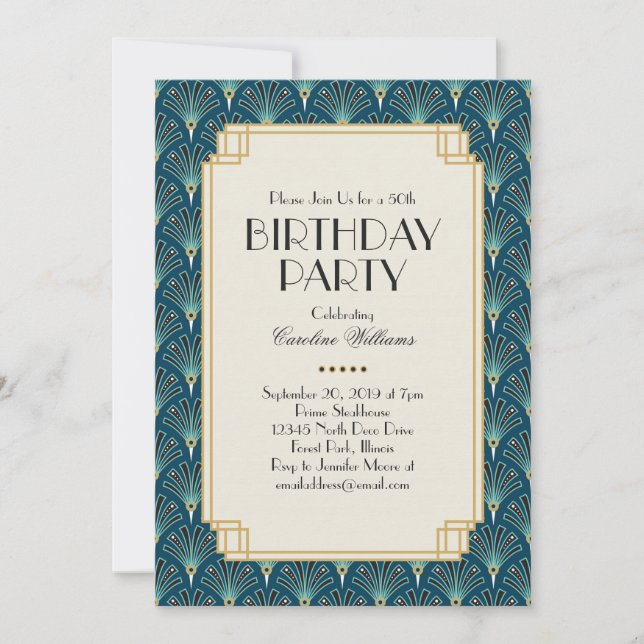 Invitation Fête d'anniversaire Art déco Turquoise (Devant)