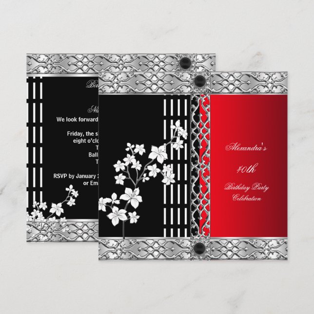 Invitation Fête d'anniversaire Asiatique Rouge Noir Cerise Fl (Devant / Derrière)