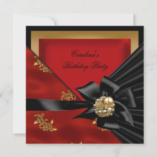 Invitation Fête d'anniversaire Asiatique Rouge or noir Bow