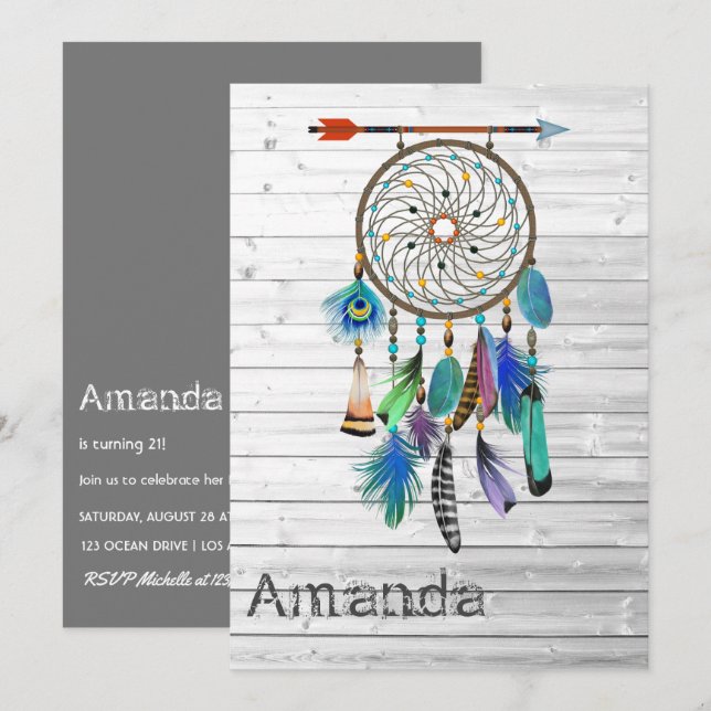 Invitation Fête d'anniversaire attrape-rêves amérindien (Devant / Derrière)