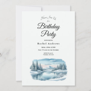 Invitation Fête d'anniversaire au lac d'hiver de Snowy Mounta