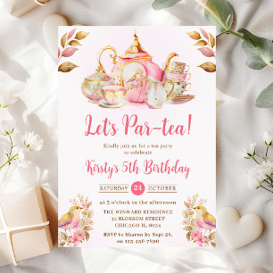 Invitation Fête d'anniversaire au thé aux fraises à l'aquarel