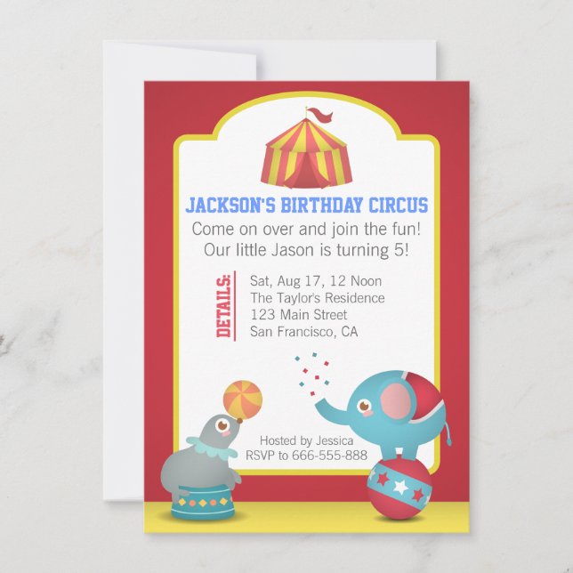 Invitation Fête d'anniversaire au thème du cirque avec de pet (Devant)