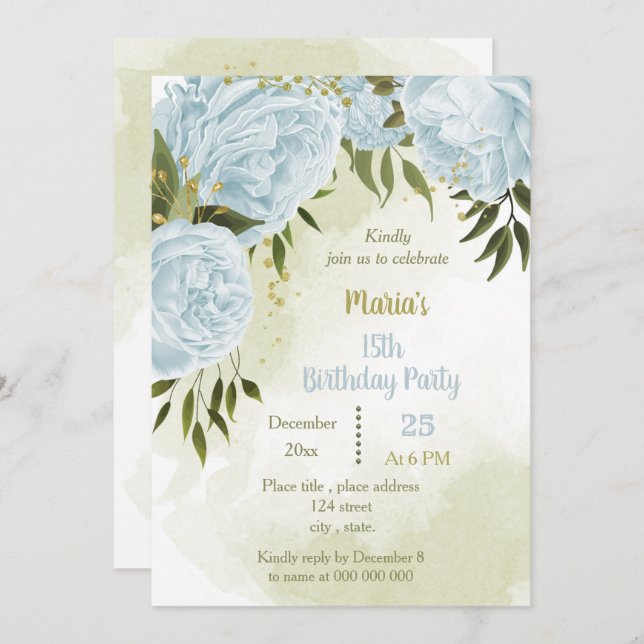 Invitation fête d'anniversaire aux fleurs bleues (Devant / Derrière)
