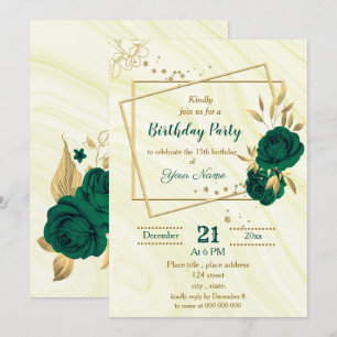 Invitation fête d'anniversaire aux fleurs d'or vert émeraude