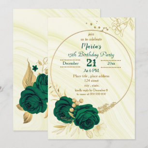 Invitation fête d'anniversaire aux fleurs d'or vert émeraude