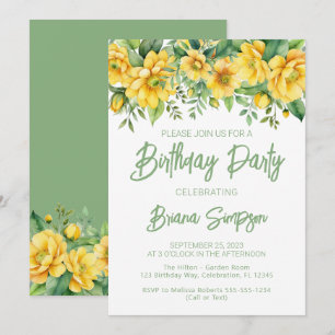 Invitation Fête d'anniversaire aux fleurs jaunes sauge vertes