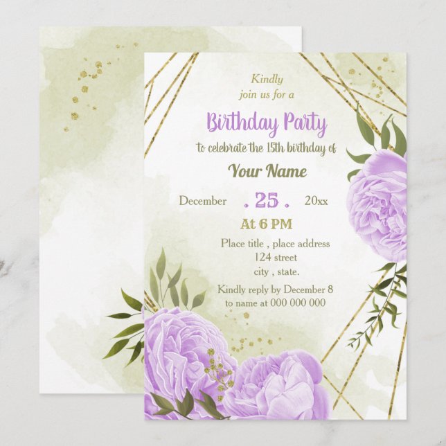 Invitation fête d'anniversaire aux fleurs violettes (Devant / Derrière)