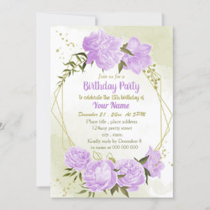 Invitation fête d'anniversaire aux fleurs violettes verdure g