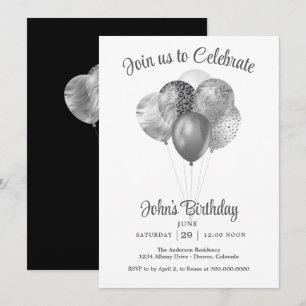 Invitation Fête d'anniversaire avec ballon argenté faux paill