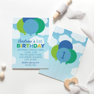 Invitation Fête d'anniversaire avec ballons bleus et verts mo