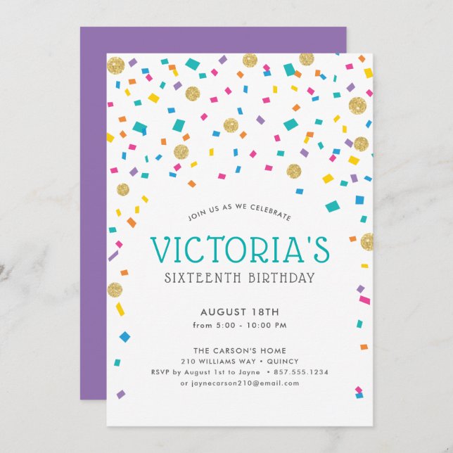 Invitation Fête d'anniversaire avec confettis colorés (Devant / Derrière)