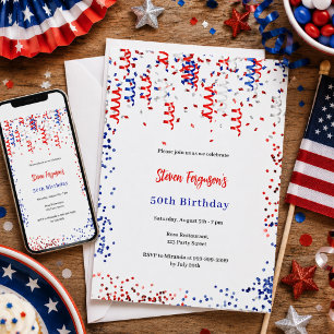 Invitation Fête d'anniversaire avec confettis rouge bleu blan