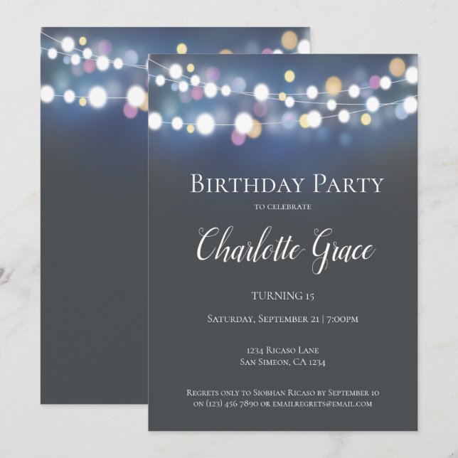 Invitation Fête d'anniversaire avec des lumières à cordes col (Devant / Derrière)