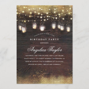 Invitation Fête d'anniversaire avec lumières en bois rustique