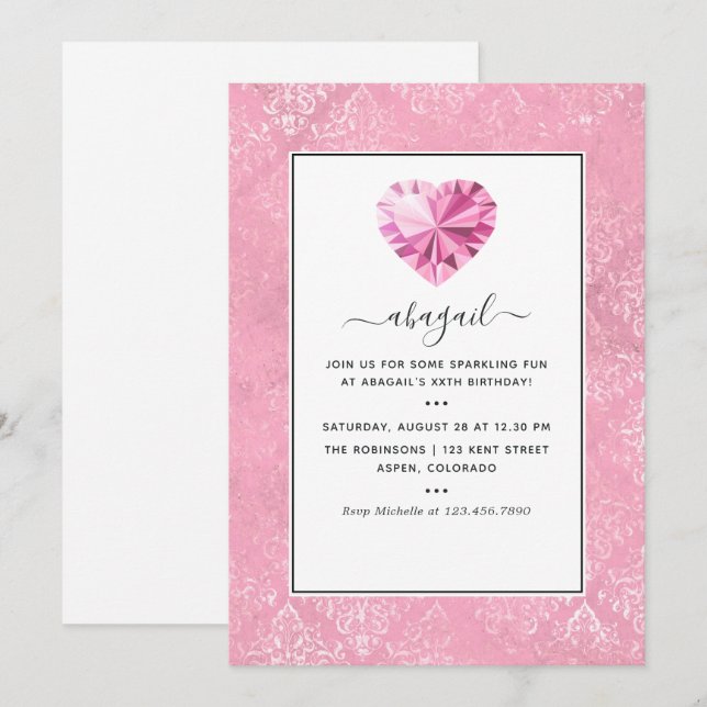 Invitation Fête d'anniversaire avec pierre précieuse rose (Devant / Derrière)