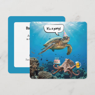 Invitation Fête d'anniversaire avec tortue marine et pieuvre