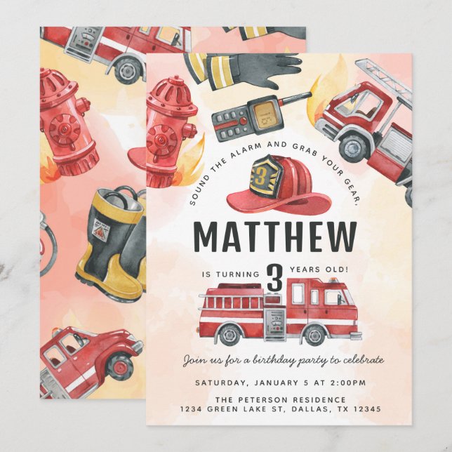 Invitation Fête d'anniversaire avec un camion de pompiers rou (Devant / Derrière)