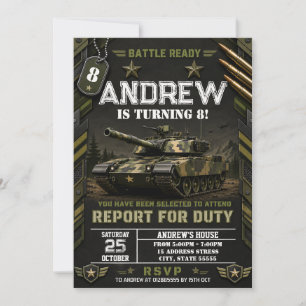 Invitation Fête d'anniversaire avec un char d'armée personnel