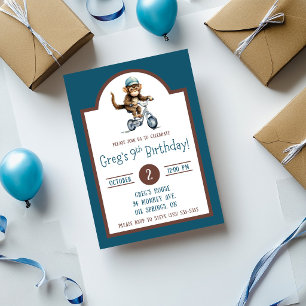 Invitation Fête d'anniversaire avec un singe mignon à vélo