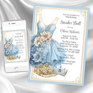 Invitation Fête d'anniversaire Baby Blue Gold Sneaker Ball