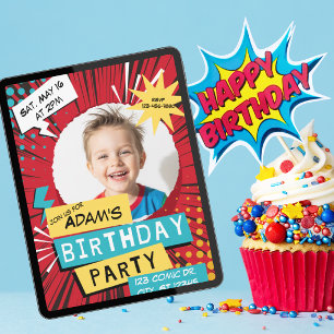 Invitation Fête d'anniversaire bande dessinée rouge avec phot
