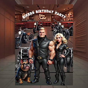 Invitation Fête d'anniversaire Bar Bikers Couple Bulldog Moto