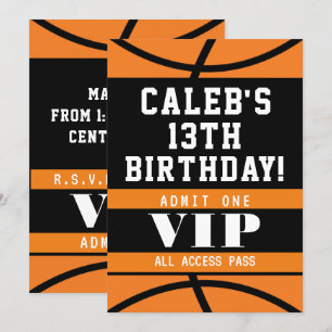 Invitation Fête d'anniversaire Basketball Noir Orange