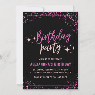 Invitation Fête d'anniversaire Black Pink Glam Glitter 62 ans