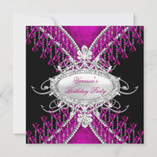 Invitation Fête d'anniversaire Black Pink Prune Perles de dia