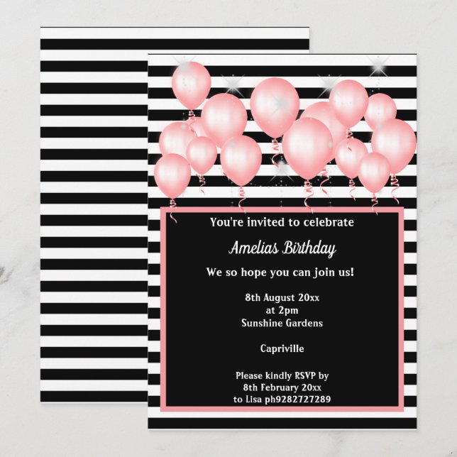 INVITATION FÊTE D'ANNIVERSAIRE BLACK STRIPE PINK 2 BALLOON (Devant / Derrière)