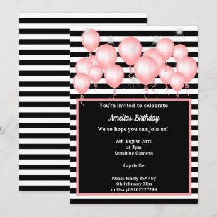 INVITATION FÊTE D'ANNIVERSAIRE BLACK STRIPE PINK 2 BALLOON