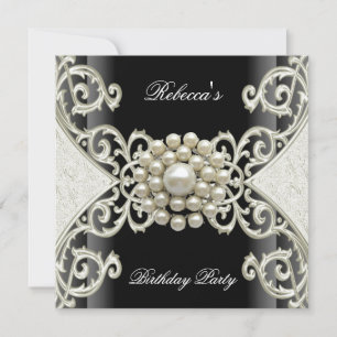 Invitation Fête d'anniversaire Black White Cream Pearl