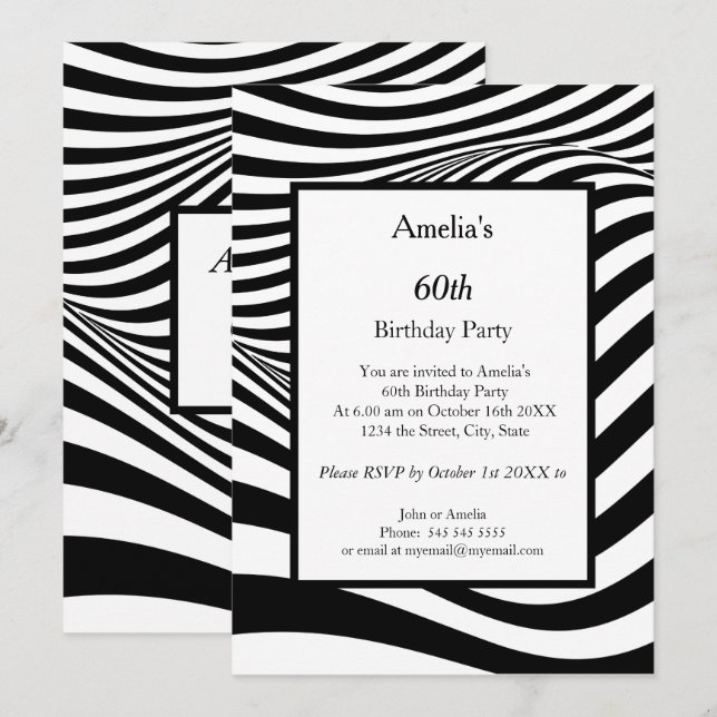 Invitation Fête d'anniversaire Black White Wave (Devant / Derrière)