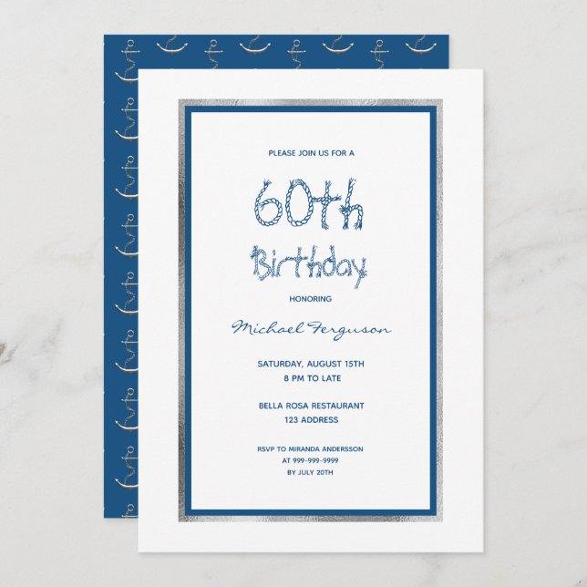 Invitation fête d'anniversaire blanc bleu argent nautique (Devant / Derrière)