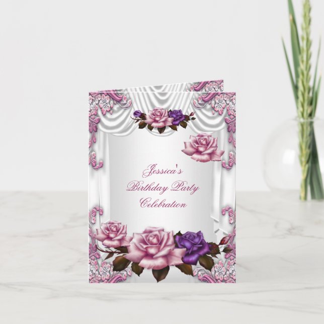 Invitation fête d'anniversaire blanc rose violet R (Devant)